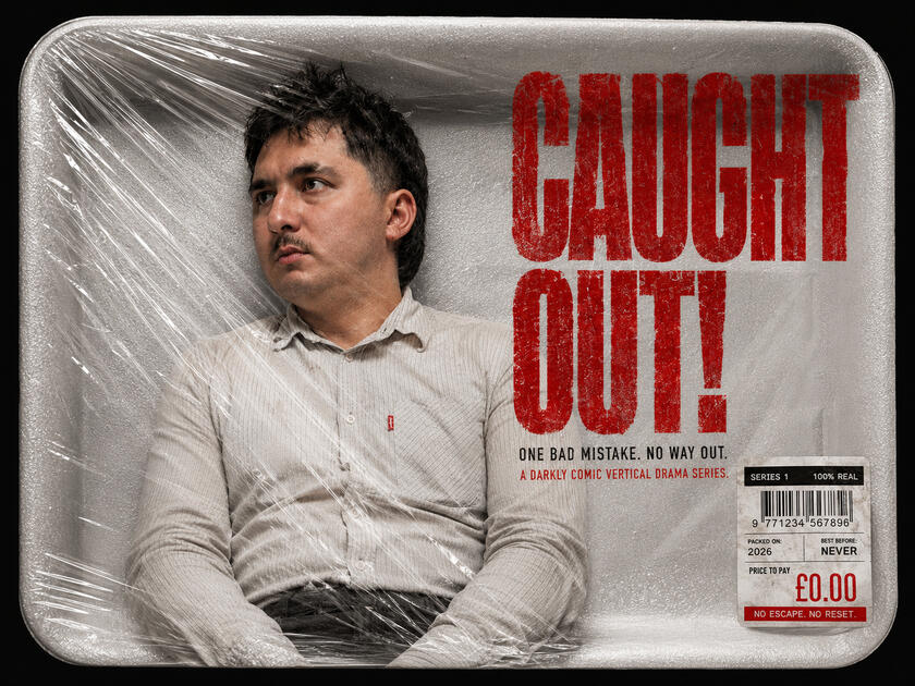 Caught Out! key art: a man shrink-wrapped inside a supermarket meat tray, priced at £0.00.