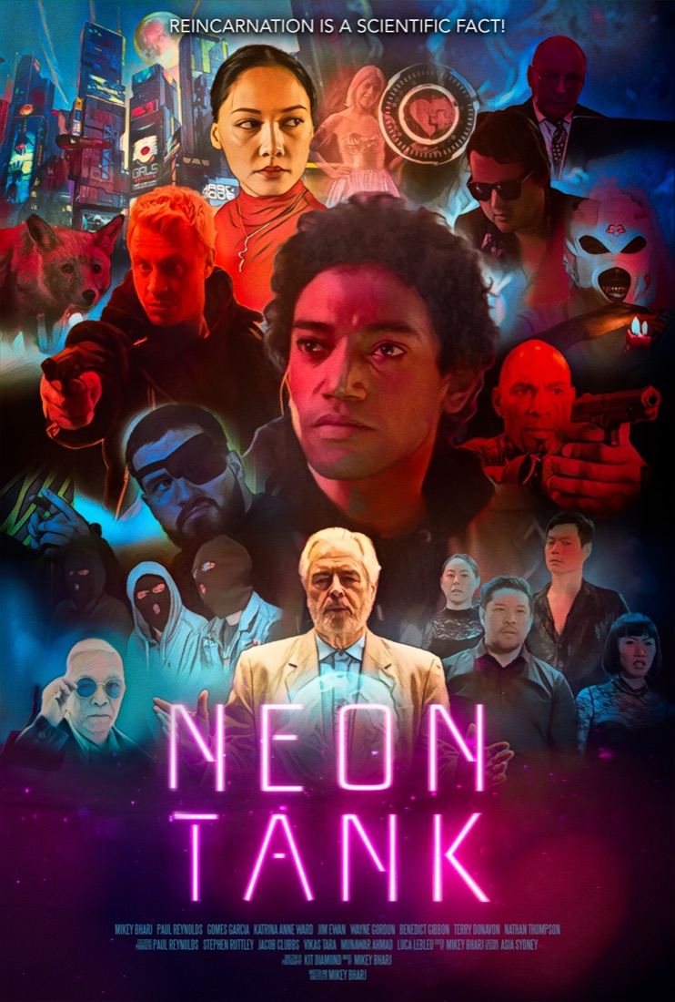 Neon Tank poster - a neon-lit ensemble of characters under the title in pink neon letters.